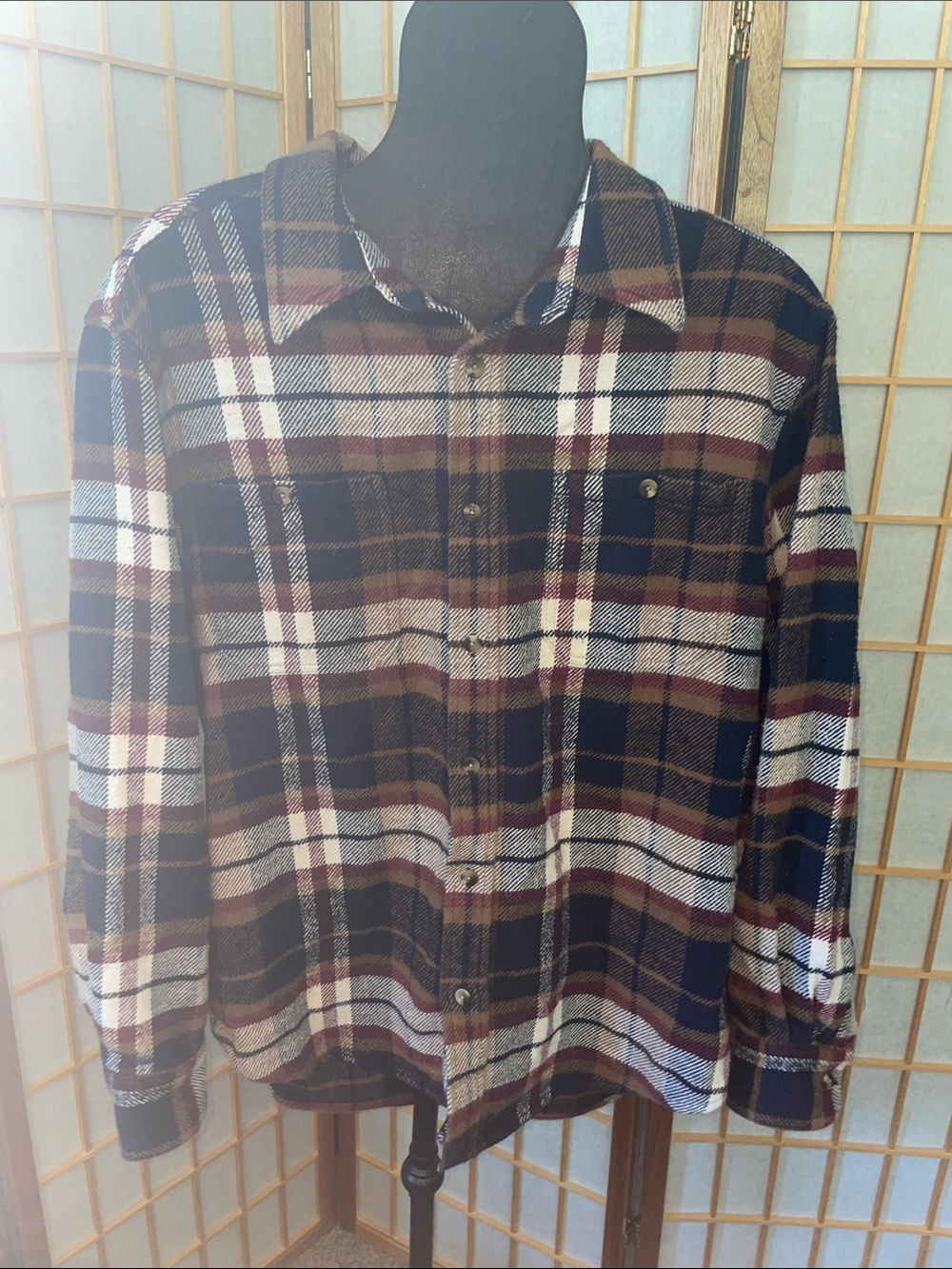 Mens Plaid Gander Mountain Cotton Button-Up Shirt - Brown & White